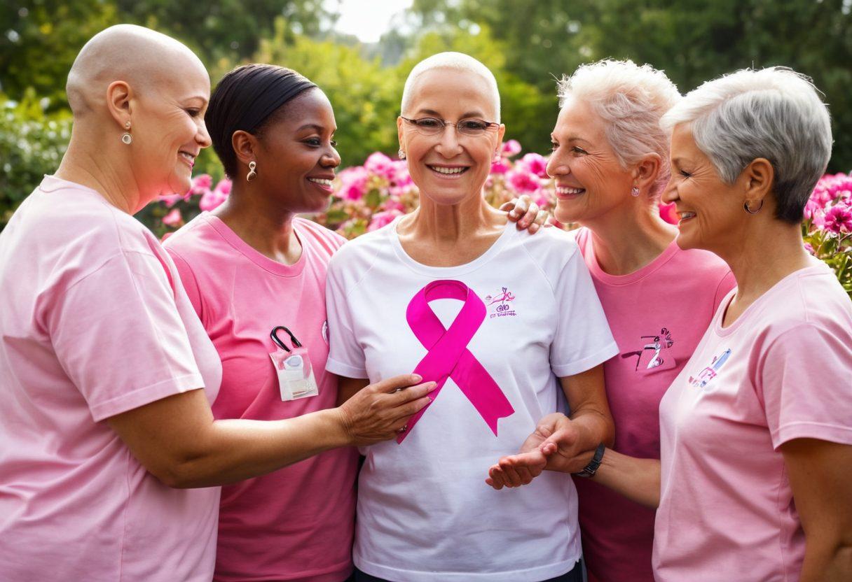 A powerful and uplifting scene depicting a diverse group of cancer survivors in a community setting, engaging in supportive conversations, surrounded by vibrant flowers and soft natural light. Incorporate symbols of oncology, like a pink ribbon, alongside elements representing firearm advocacy, such as a subtle depiction of a safety lock. The mood should be hopeful and encouraging, emphasizing unity and resilience. painting. vibrant colors. warm tones.