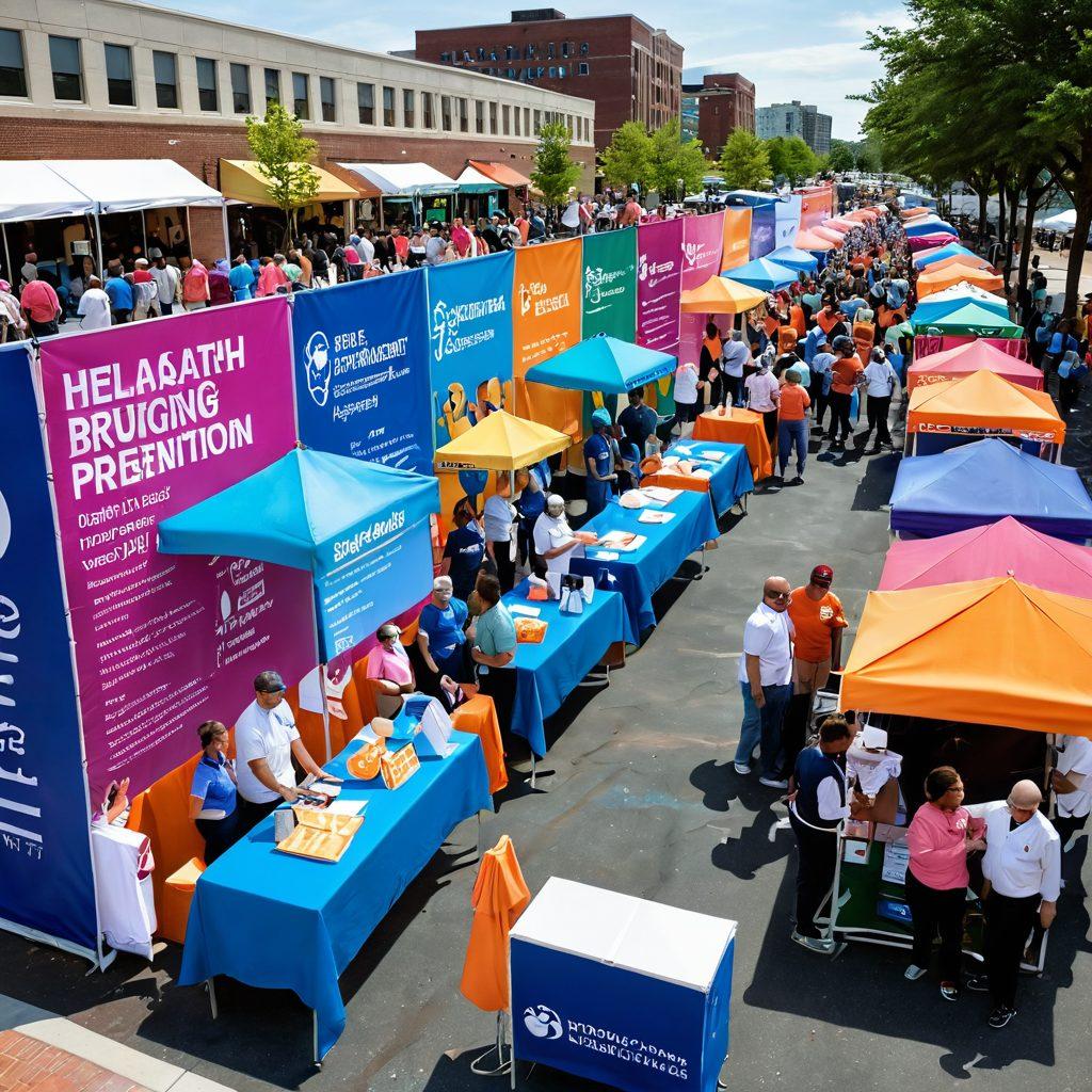A dynamic split-scene illustrating a vibrant community event promoting cancer prevention on one side, featuring health booths, colorful banners, and enthusiastic participants. The other side showcases a safety awareness campaign focusing on gun safety, with informative posters and engaged discussions. Include diverse individuals actively participating, emphasizing unity and hope for a healthier future. super-realistic. vibrant colors. engaging atmosphere.