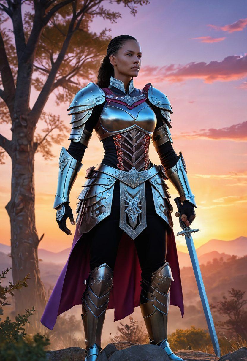 A powerful and determined warrior standing tall, clad in armor that symbolizes both cancer advocacy (ribbons, healthcare symbols) and gun rights (subtle firearm motifs). The background features a serene landscape, merging symbols of health and strength, like a healthy tree and a vibrant sunrise. Include a sense of unity and empowerment with diverse individuals supporting the warrior. This scene portrays resilience and hope. super-realistic. vibrant colors. 3D.